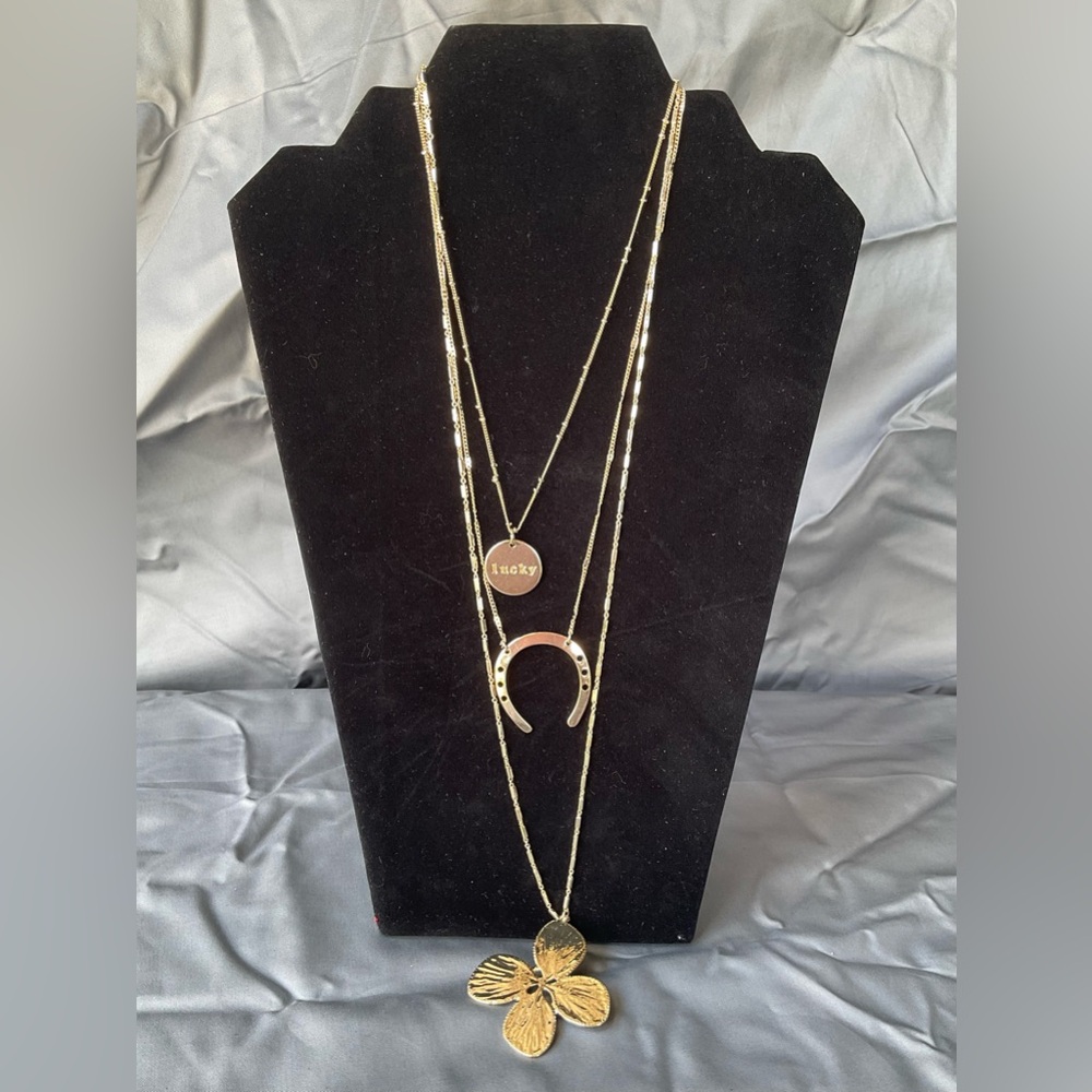 Express Long Gold Tone 3 Strand Lucky Horseshoe & 4 Leaf Clover Necklace # 1197